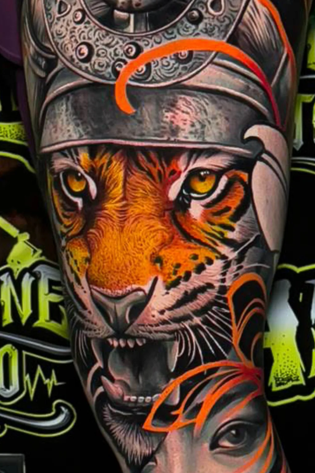 Colour realism fox sleeve with blue eyes, magenta peonies, and diagonal skin breaks at Bloodline Tattoo Bali