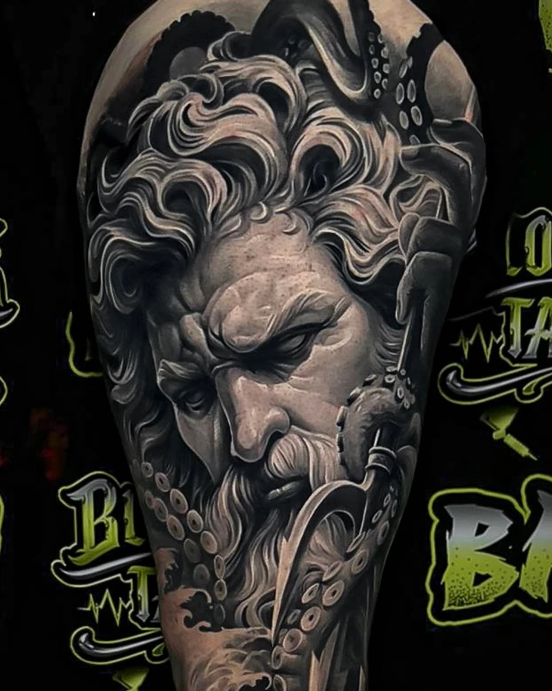 Healed black and grey wildlife full-leg sleeve with wolf, squirrel, and deer at Bloodline Tattoo Bali
